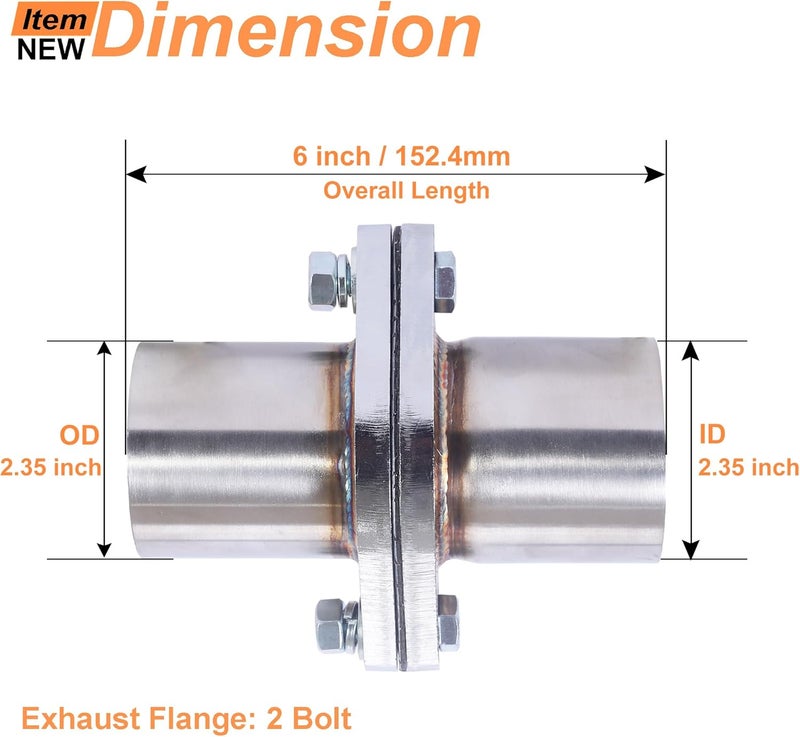 Simnliras Exhaust Flange Repair Pipe Kit, 60mm/2.35 Inch ID to 2.35 Inch OD Stainless Steel Quick Fix 2 Bolt Exhaust Flange Pipe with Gasket Bolt & Hardware, Universal Fitment - Image 2